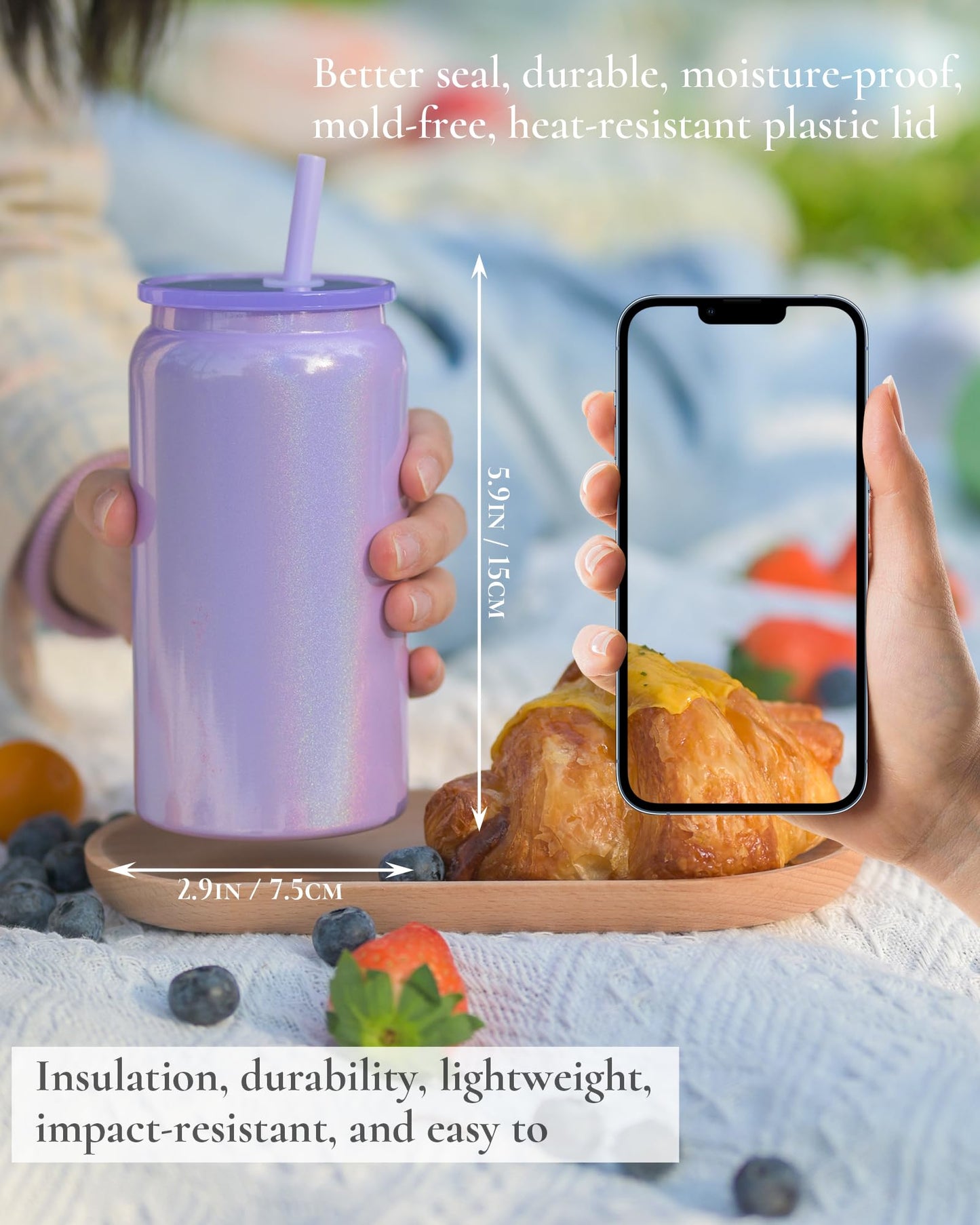 UIRZOTN 6Pack Glass Cups with Lids and Straws, 16oz Stainless Steels Cups, Beer Cup, Iced Coffee Cups, Smoothie Cup, Sublimation Tumbler (Shiny Polished Finish, Sublimatable)
