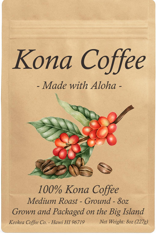 100% Kona Coffee - Ground - Medium Roast - 1 lb (16oz) - Farm Fresh - Grown and Packaged on the Big Island of Hawaii - Keokea Coffee Co.