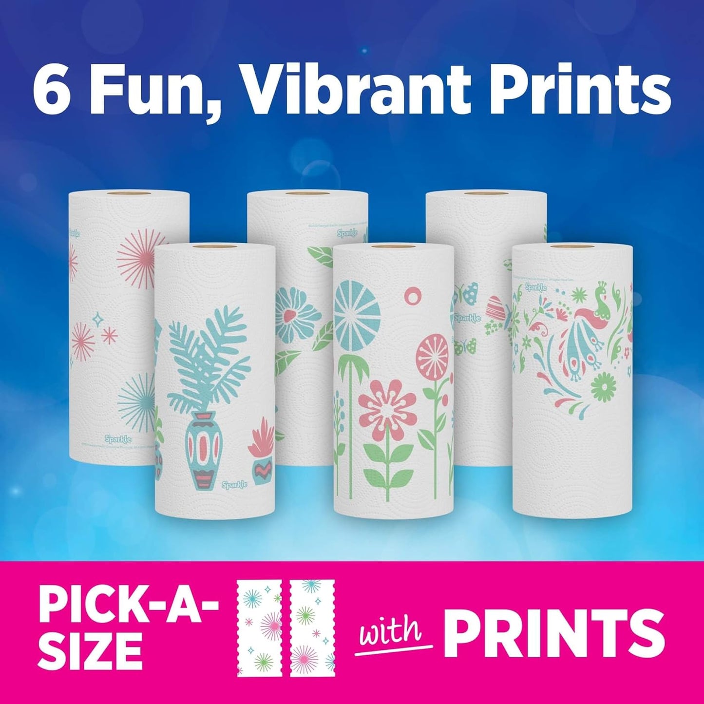 Sparkle Paper Towels - Spirited Print Design, 6 Double Rolls (660 Sheets) | Strong 2-Ply for Kitchen Cleanup