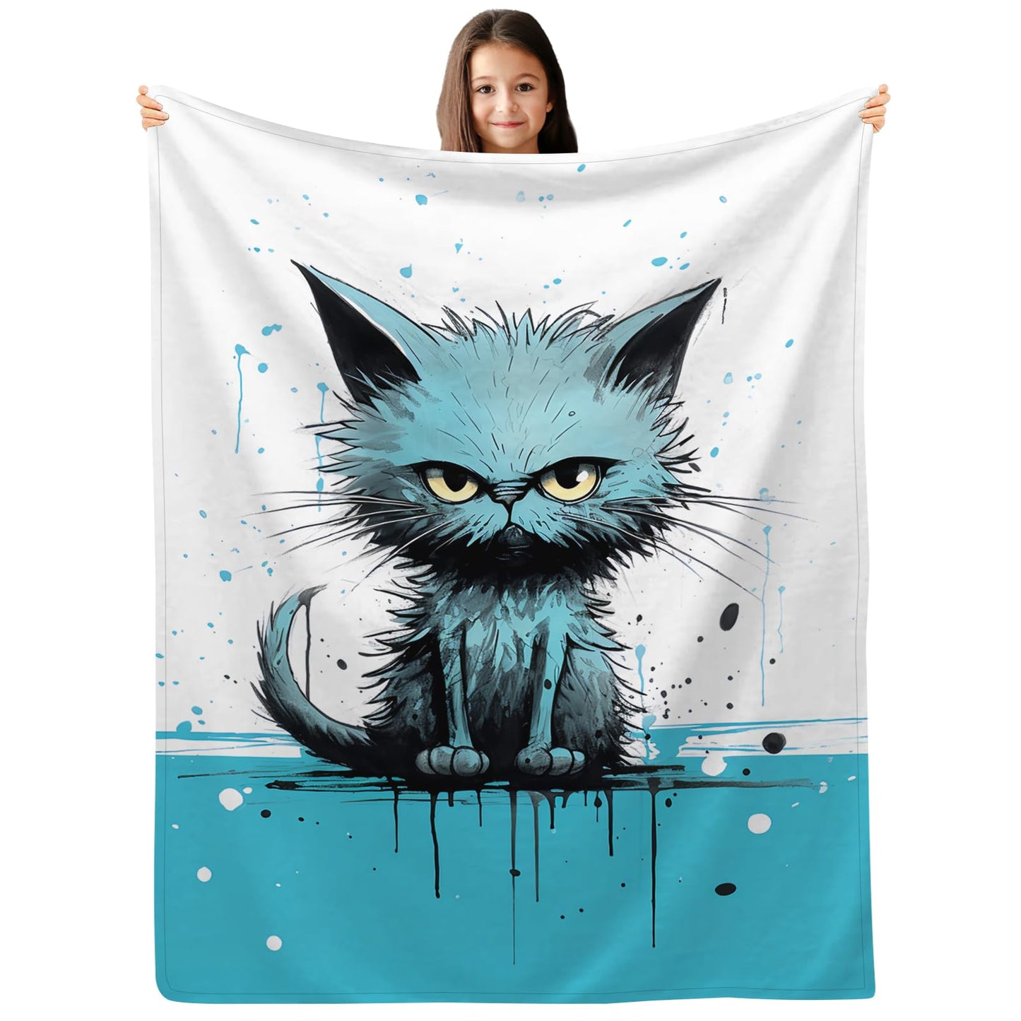 SARA NELL Cute Angry Cat Blue and White Splash Design Flannel Throw Blanket, Soft Plush Cat Gifts for Girls Boys, Kids Funny Animal Print Birthday Ideas, 40 in x 50 in