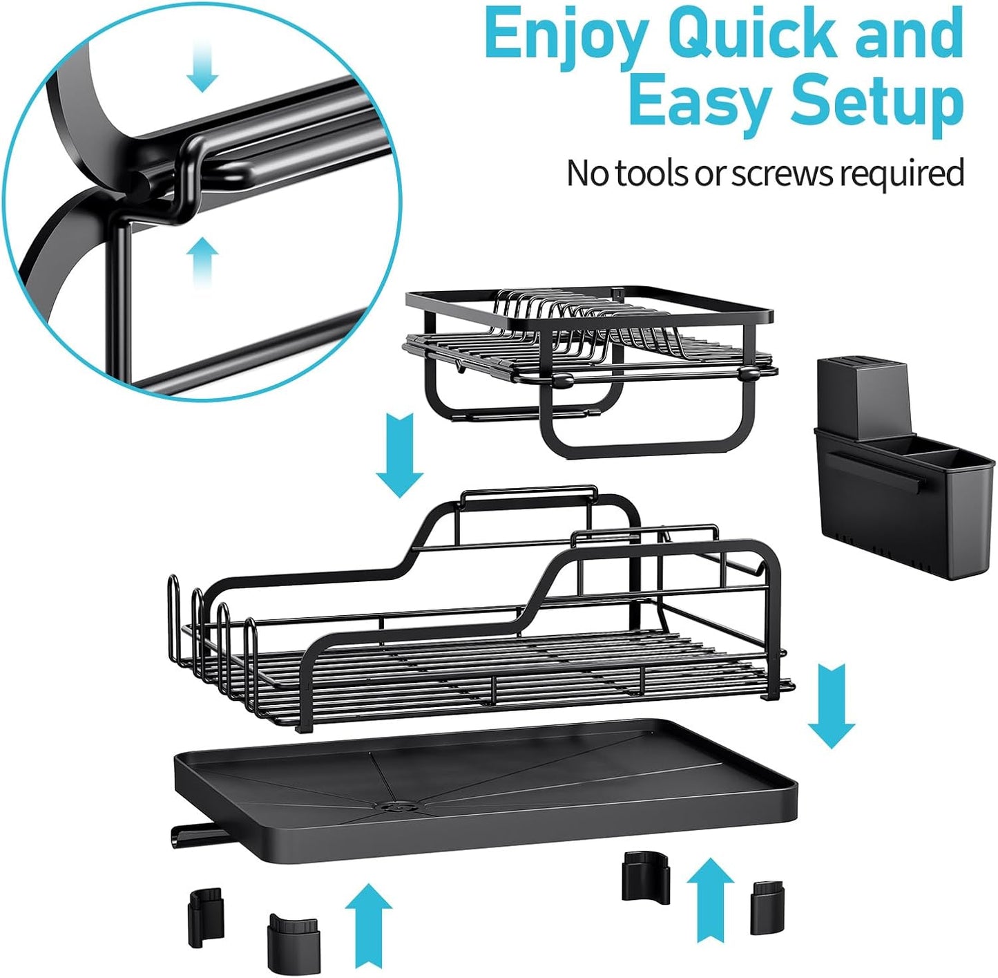 TOOLF Dish Drying Rack - 2-Tier Stainless Steel Kitchen Rack with Large Drainboard & Utensil Holders | Black
