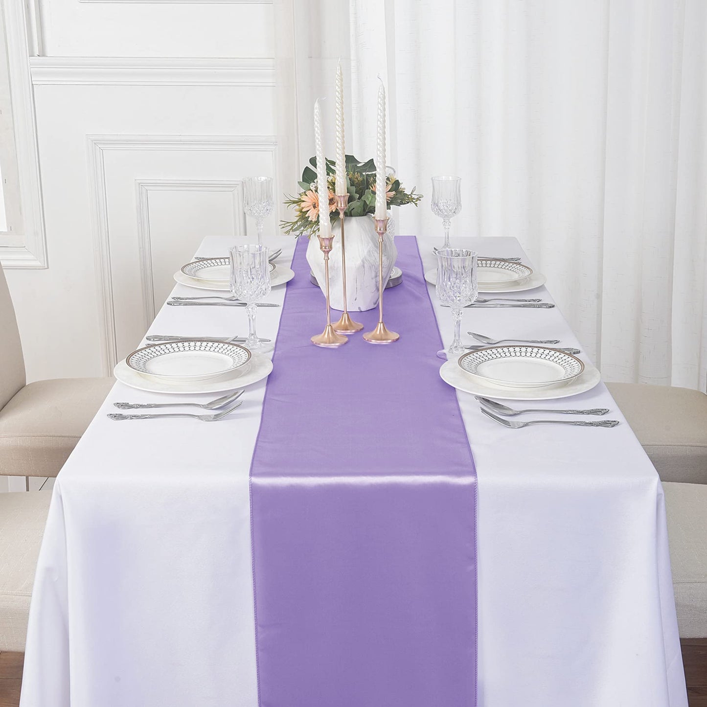 flohar 12Pack Table Runner 12 x 108 Inches Satin Silk Table Runner for Wedding, Birthday Party, Banquets, Graduations Decoration, fit Rectange and Round Table-Lavender