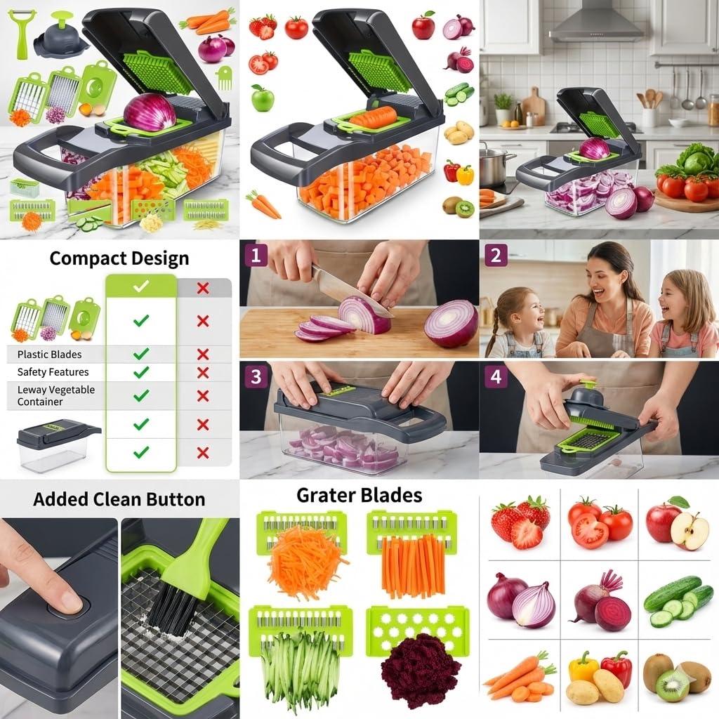 Vegetable Chopper, All in One Vegetable Chopper, 16 Blade Slicer for Kitchen, Food Chopper, Vegetable Slicer and Spiralizer, Cutter, Dicer, Grater, Kitchen Gadgets Sets with Container,