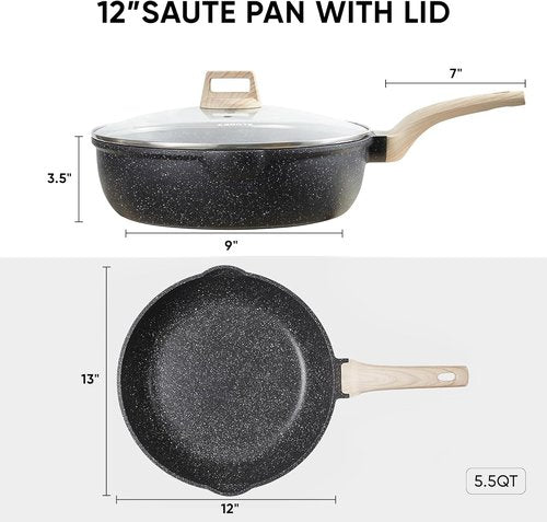 CAROTE Nonstick Deep Frying Pan - Jumbo 10/12/12.5 Inch Skillet with Lid & Pour Spout | PFOA Free Classic Granite