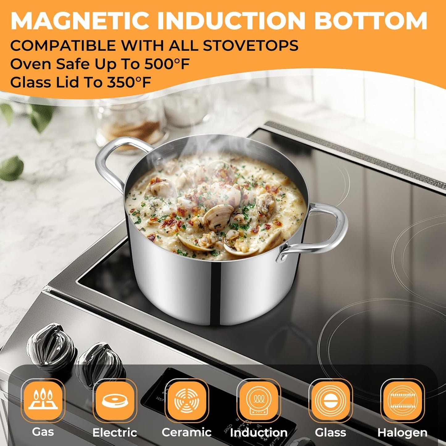 Tri-Ply Stainless Steel Stock Pot - 6.5 Quart Heavy Duty Induction Cooking Pot with Visible Lid