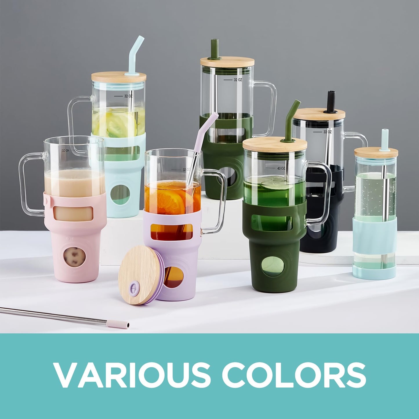 Spreccio Glass Cups With Lids and Straws, 20oz Reusable Iced Coffee Cup, Olive Glass Tumbler with Silicone Sleeve, Perfect for Fruity Drinks, Iced Tea, or Smoothies
