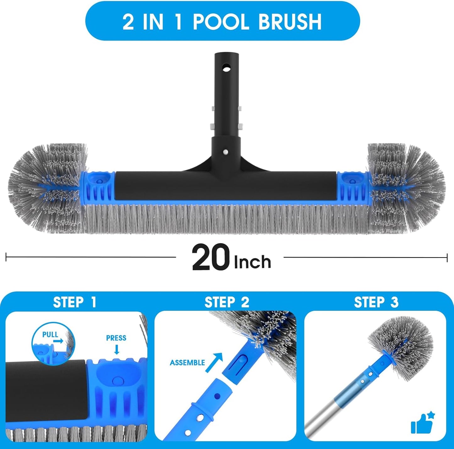 TidyMister 20'' 2-in-1 Pool Brush Head - Heavy-Duty Cobweb Duster with EZ Clip & Nylon Bristles for Inground & Above-Ground Pools