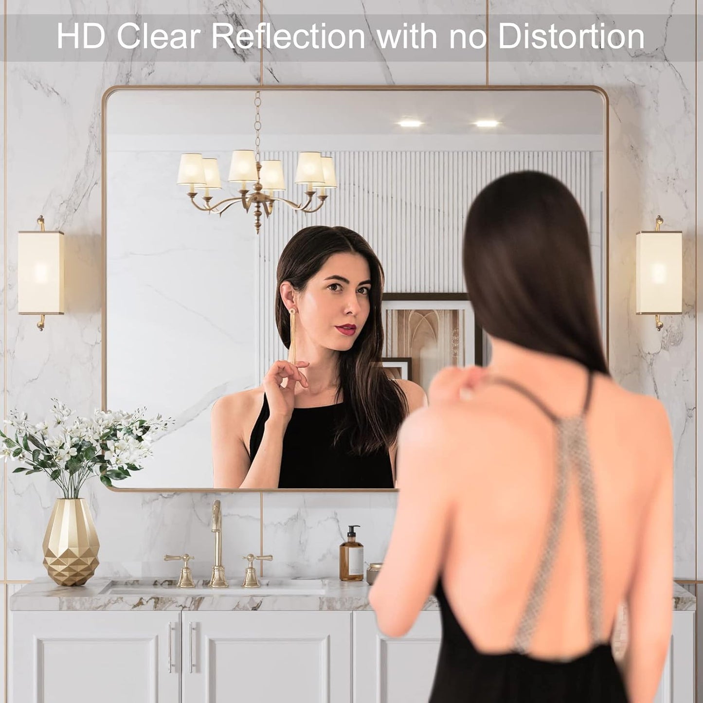 LOAAO Gold Bathroom Mirror - 40" X 32" Rounded Rectangle Design | Anti-Rust Tempered Glass, Wall-Mounted