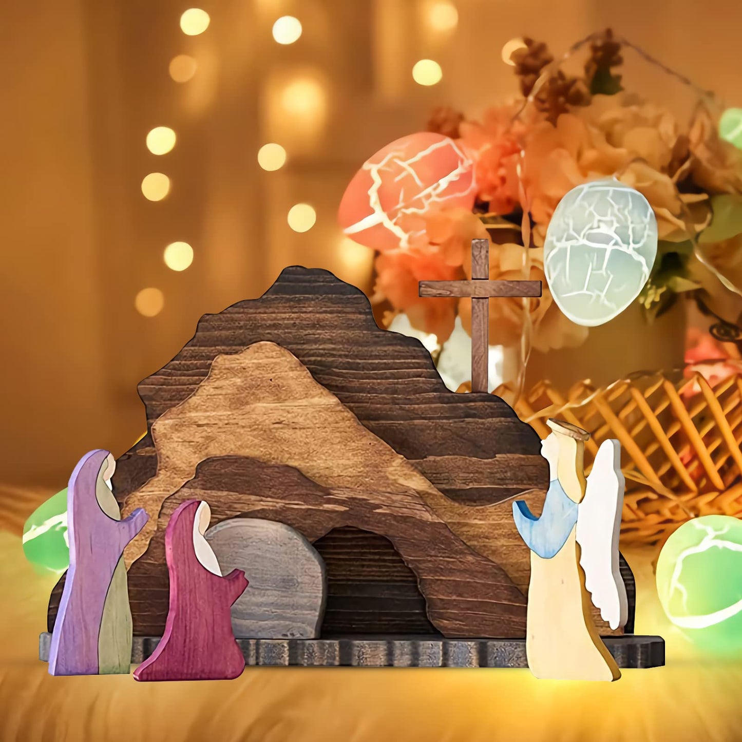 KUJAIS Easter Scene Wooden Decorations - Empty Tomb Easter Resurrection Scene Set and Cross Decoration - Religious Christian Jesus Nativity Decor for Home Table Office