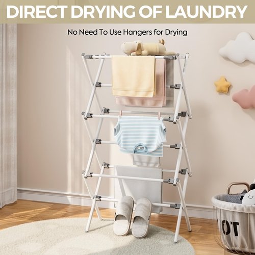 APEXCHASER Clothes Drying Rack, Foldable & Extendable Laundry Rack with Adjustable Size (14.57in-35.43inW), Space-Saving, Rust-Resistant Frame & Floor Protection for Indoor/Outdoor Use, White