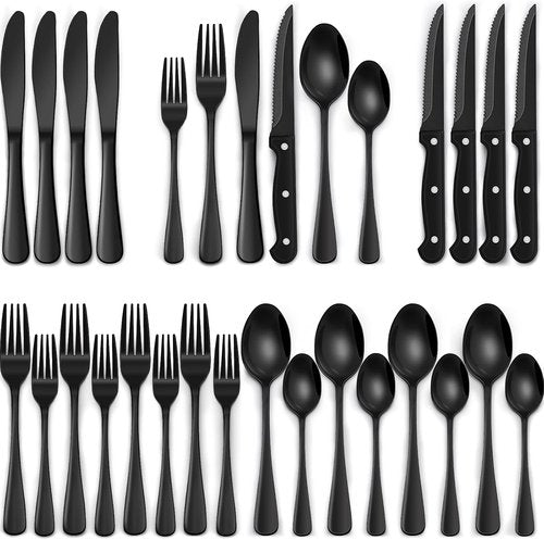 EWFEN 24-Piece Black Silverware Set - Food-Grade Stainless Steel Flatware for 4 with Steak Knives