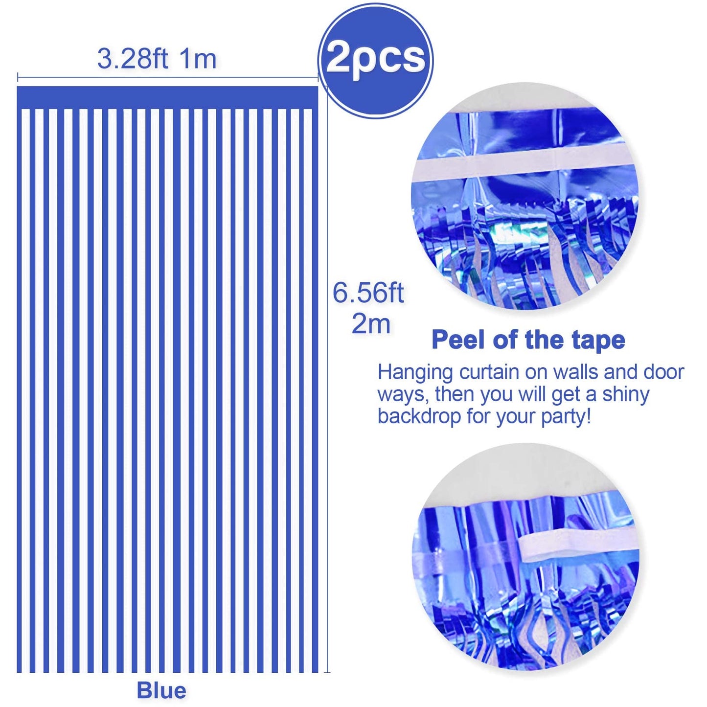2 Pcs Blue Metallic Tinsel Foil Fringe Curtains Backdrop, 3.28 ft x 6.56 ft Streamers for Birthday Gender Reveal Wedding Photo Booth Bachelorette Party Bridal Shower Baby Shower Decorations Supplies
