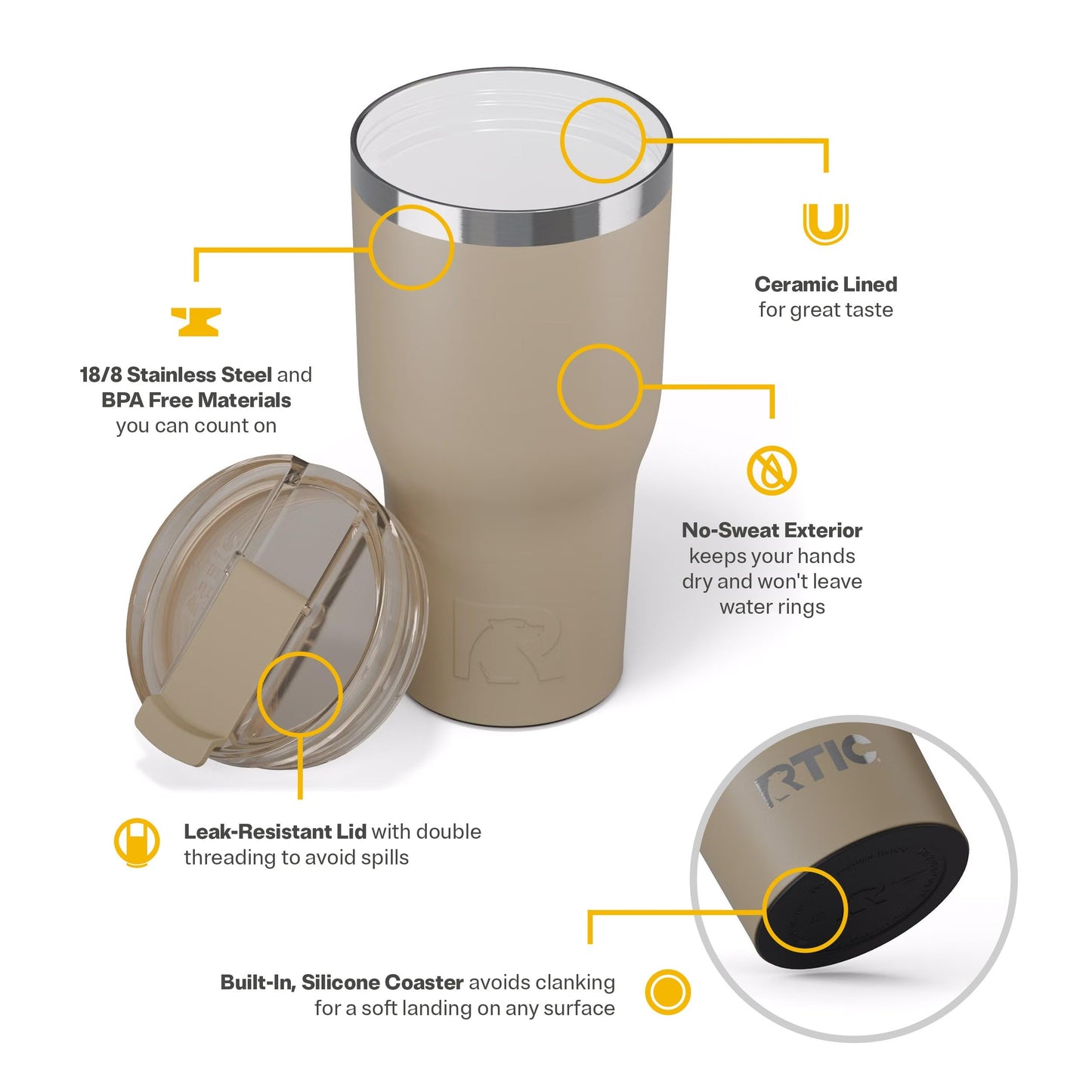 RTIC 30oz Essential Tumbler with Lid, Ceramic Lined, Insulated, Stainless Steel, Metal, Double Wall Vacuum-Insulation, Travel Cup for Iced Coffee, Tea, Hot and Cold Drink, Beach