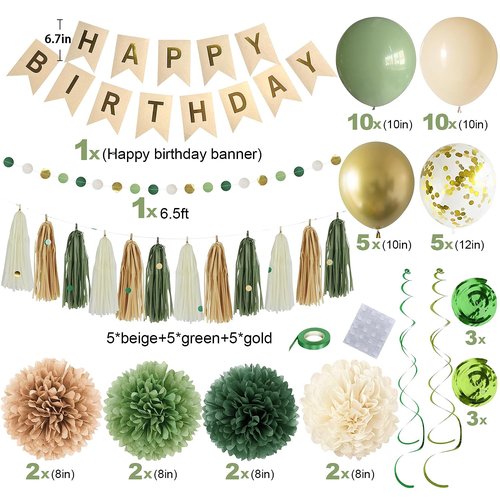 Green Birthday Party Decorations for Women Girls with Happy Birthday Banner,Tissue Paper Pompoms, Paper Tassel,Circle Garland,Hanging Swirl,Decorations Balloons for Party Decor (sage green)