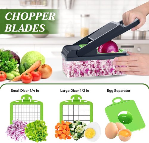 HomeHacks Vegetable Chopper - 12-in-1 Multi-Functional Kitchen Gadget with Handle | Green Dicer, Slicer & Grater
