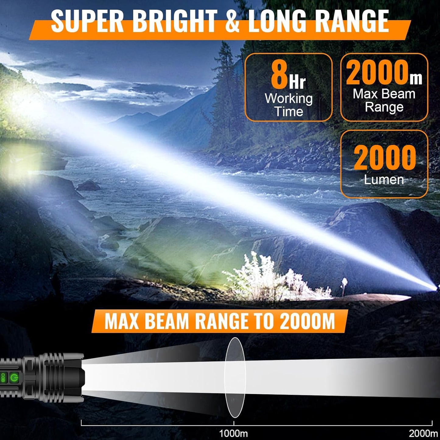 Rechargeable LED Flashlight Lantern 2000 High Lumens - with Camping Lanterns, Long Range LED Super Bright Flashlight for Camping, 5 Mode, High Powerd Heavy Duty Zoomable Waterproof Tactical Flashlight