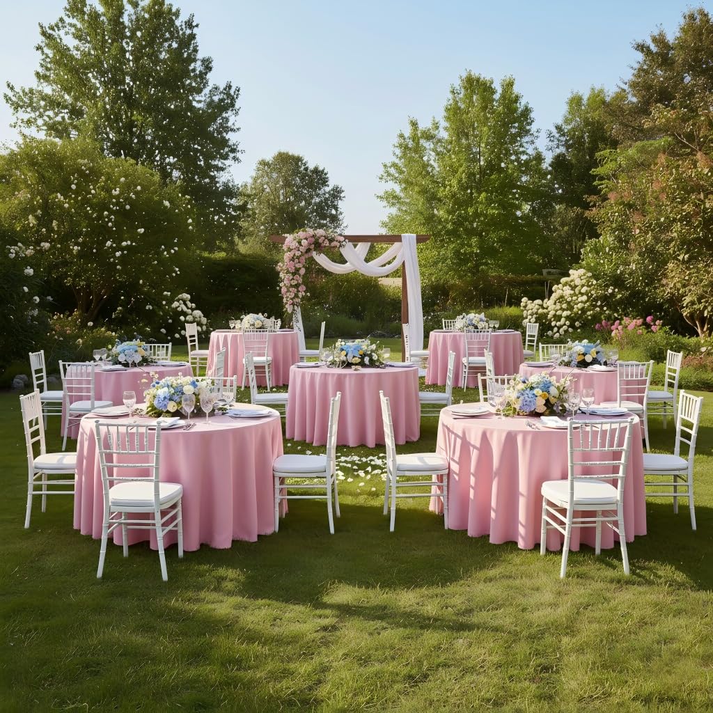 sancua Round Tablecloth 120 Inch Diameter, 8 Pack - Circle Polyester Fabric Table Cloth for Wedding Party Reception Banquet Birthday, Washable Formal Table Cover (Fit 48-96 Inch Tables), Pink