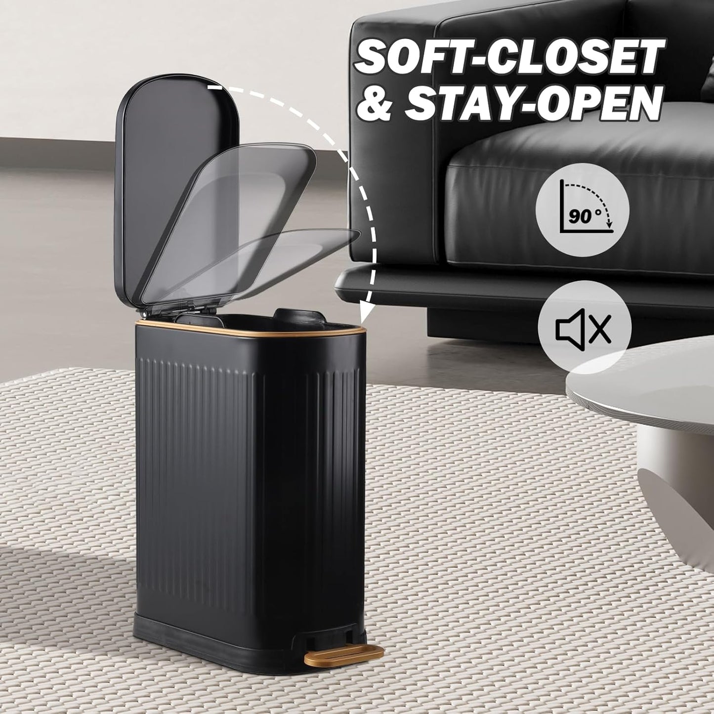 SYNCVIBE Slim Bathroom Trash Can - Stainless Steel Soft Close Step Bin | Removable Inner Bucket, Matt Black, 3.5 Gallons
