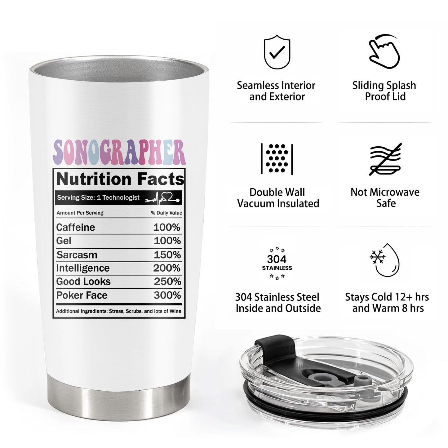 Absacie Sonographer Gifts, Ultrasound Tech Student Gifts, Sonographer Stainless Steel Insulated Tumbler with Lid and Straw 20Oz