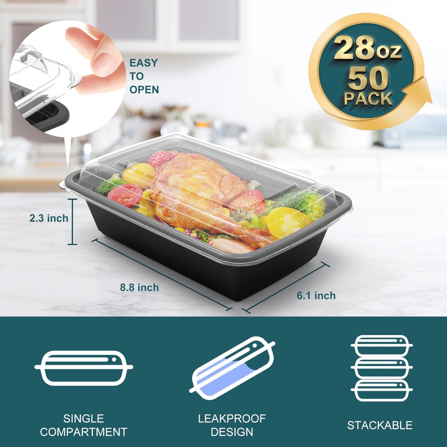 WGCC Meal Prep Containers - 50Pack 28OZ Food Containers With Lids, Disposable To Go, Stackable, Leakproof & Food Safe, Microwave, Freezer, Dishwasher Safe