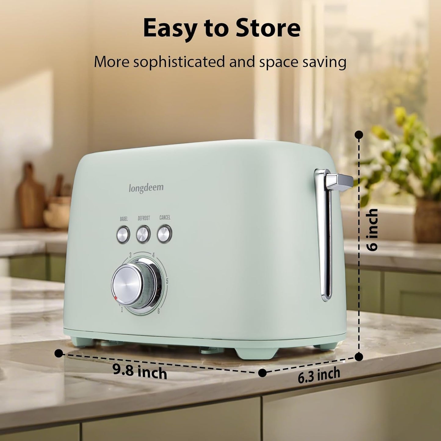 Skiennix 2-Slice Toaster - Stainless Steel with 1.5" Extra Wide Slots & 6 Browning Settings | Green