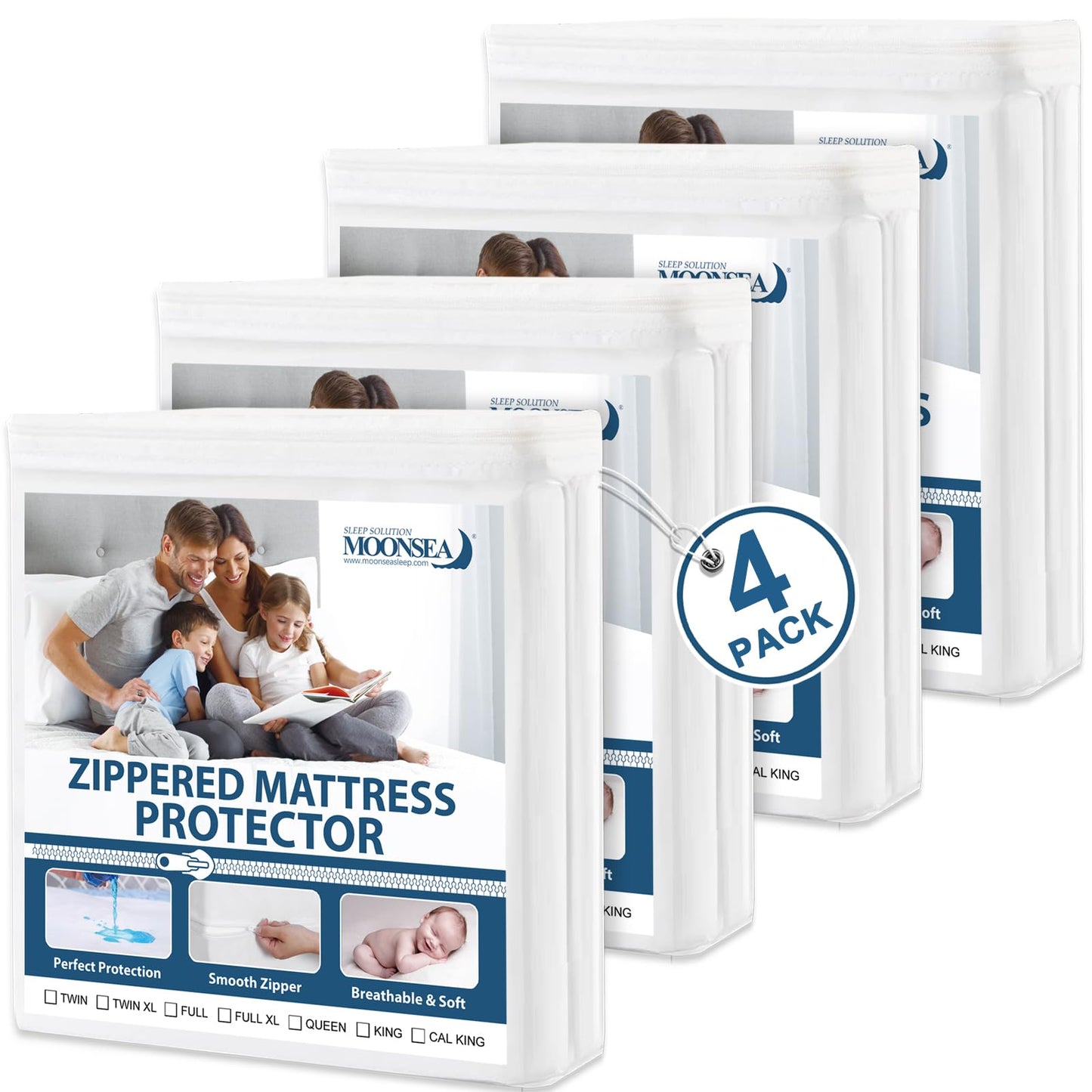 Waterproof Twin Mattress Protector 4 Pack, Zippered, 6-Side Waterproof, Box Spring Encasement