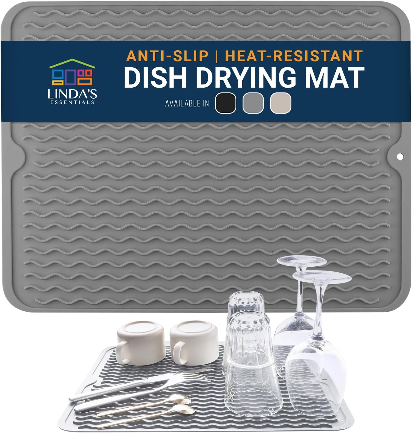Linda’s Essentials Silicone Dish Drying Mat - Non-Slip & Heat-Resistant 16 x 12 Inch Kitchen Pad (Gray)