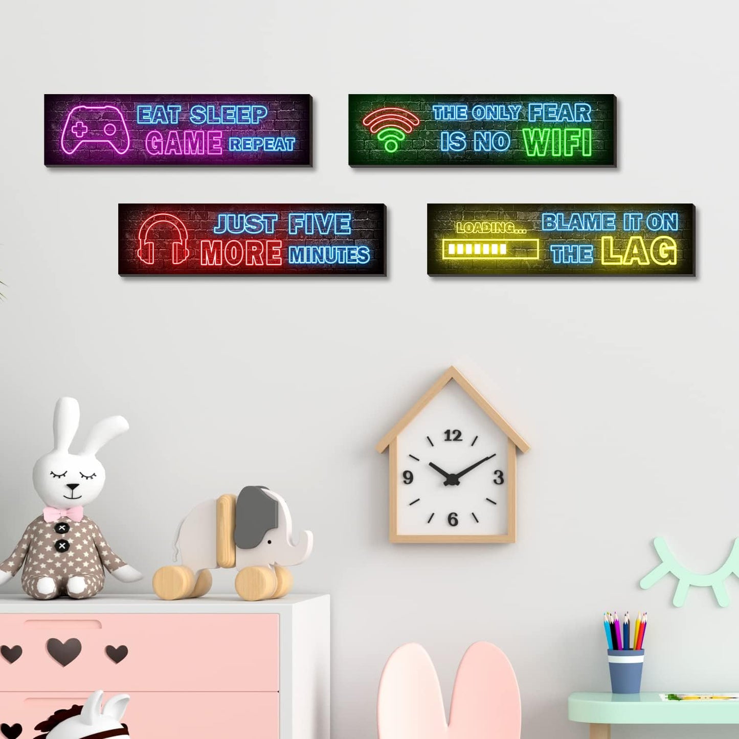 Skiennix Neon Gaming Posters - 4 Pcs Set for Teen Boys' Room | Vibrant Wall Art Decor