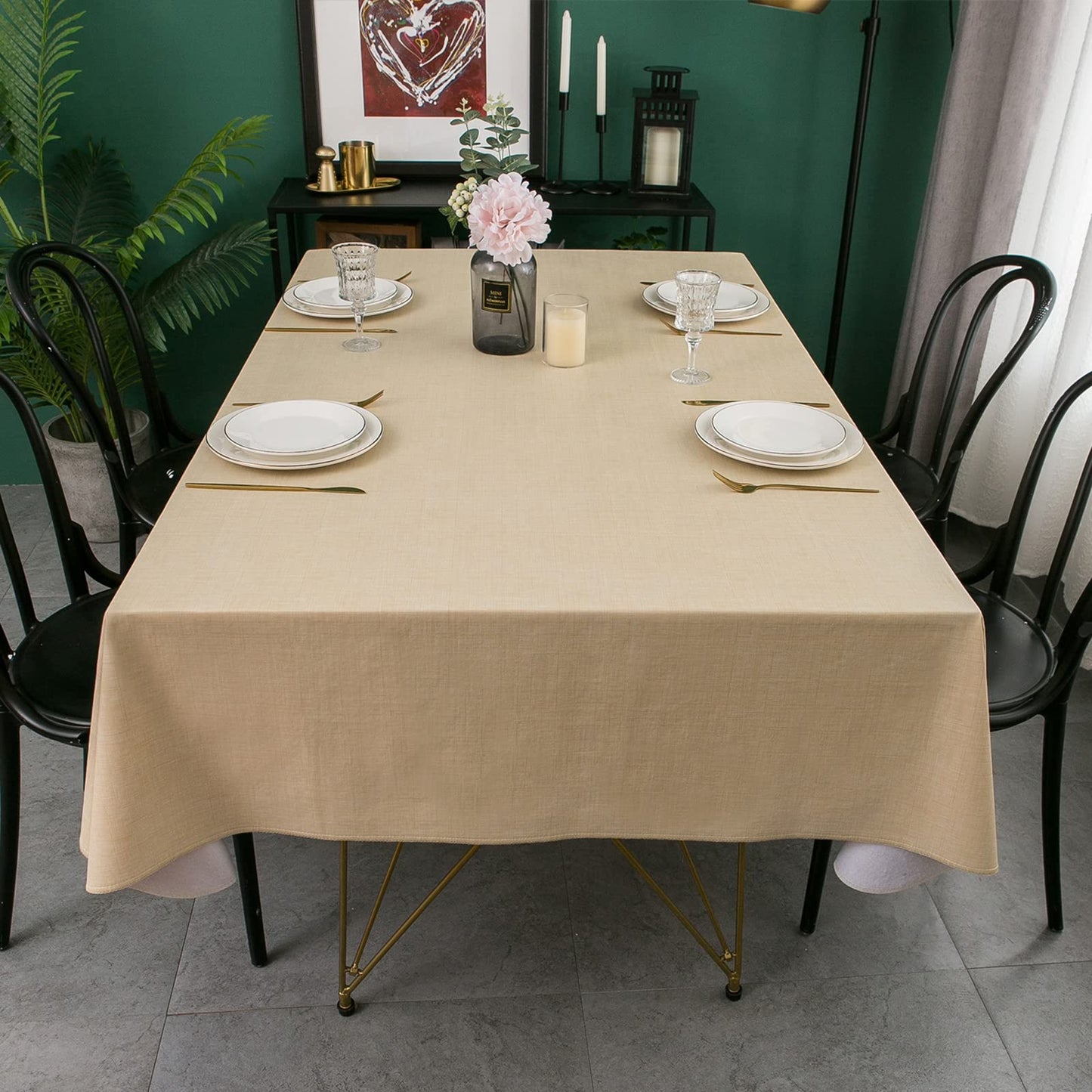 LIBERECOO Vinyl Tablecloth with Flannel Backing, Champagne, Waterproof, Stain-Resistant, Easy-Clean Table Cover for Dining, Kitchen, and Outdoor Use, 60" x 84" Rectangle