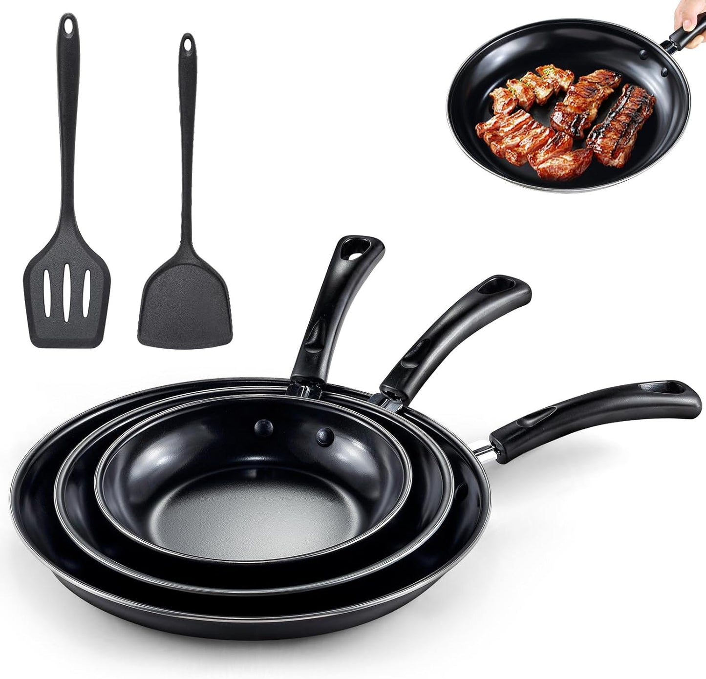 Nonstick Frying Pans Set of 3 by [Brand Name] - Durable Carbon Steel with PFOA-Free Coating | Includes 2 Spatulas & 3 Sizes