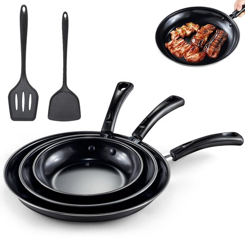 Gymdin Nonstick Frying Pans Set of 3 - Carbon Steel Frying Pans with PFOA-Free Coating, Durable, Even-Heating, Stay-Cool Handle, Include 2 Spatulas & 7.9, 10.2, 11.8 Inch Skillets for All Stovetops
