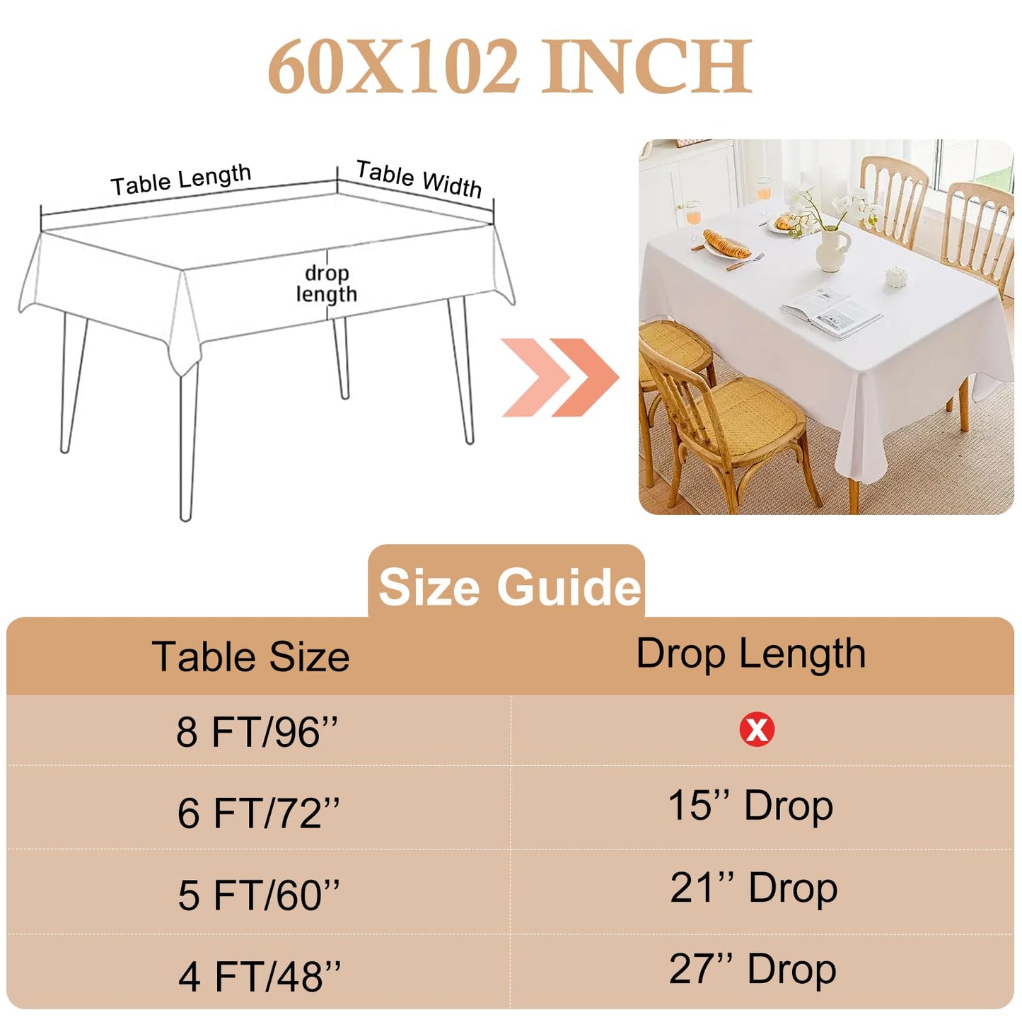 OUDIS White Table Cloth Rectangle,6 Packs 60x102 Inches Tablecloth for 6 Foot Rectangle Tables,Professional Polyester Fabric Table Cover for Wedding, Party,Valentine Decor,Banquet Occasion Decorations
