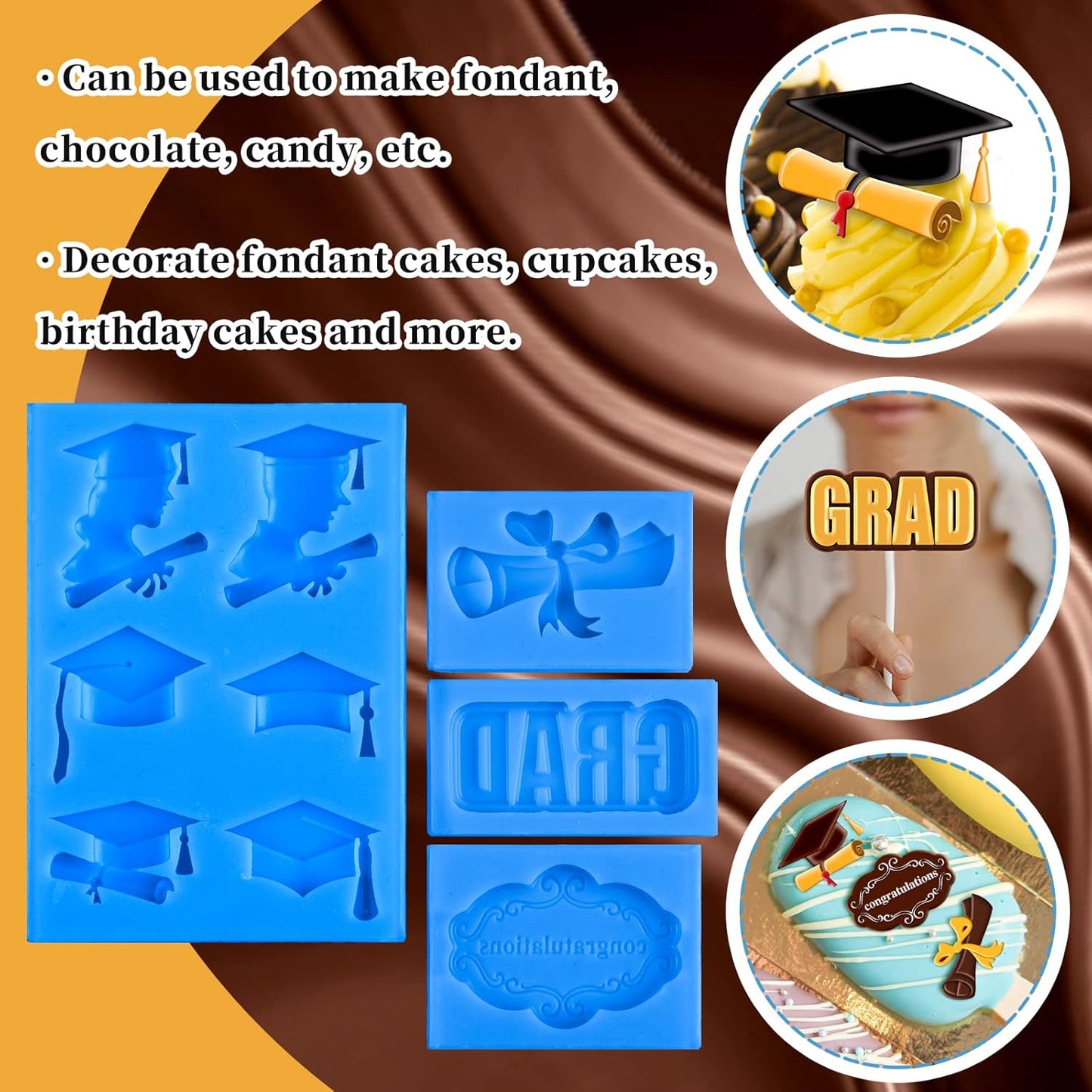Whaline Graduation Mini Fondant Molds - 4 Pack Silicone Caps & Diplomas for Cake Decorations | Blue