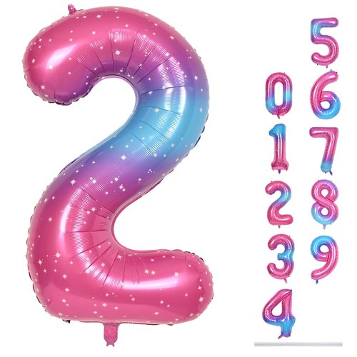 Gradient Blue Pink 2 Balloons, 40 Inch Giant Helium Foil Number 0-9 Rainbow 2th Birthday Balloon for Girls, Self Inflating Starry Digit 2 Balloons for Women Anniversary Party Decorations Supplies