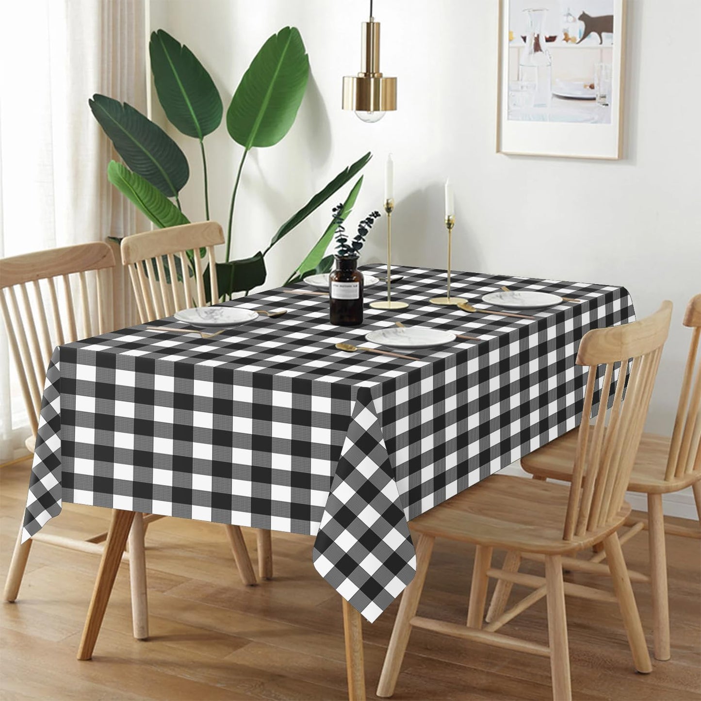 QIKSION Black Gingham Tablecloth Disposable 2 Pack, 54 x 108 Inch Black and White Checkered Table Cloth for Picnic, Outdoor BBQ Decorations, Birthday Party Supplies, Rectangle, Plastic Table Cover