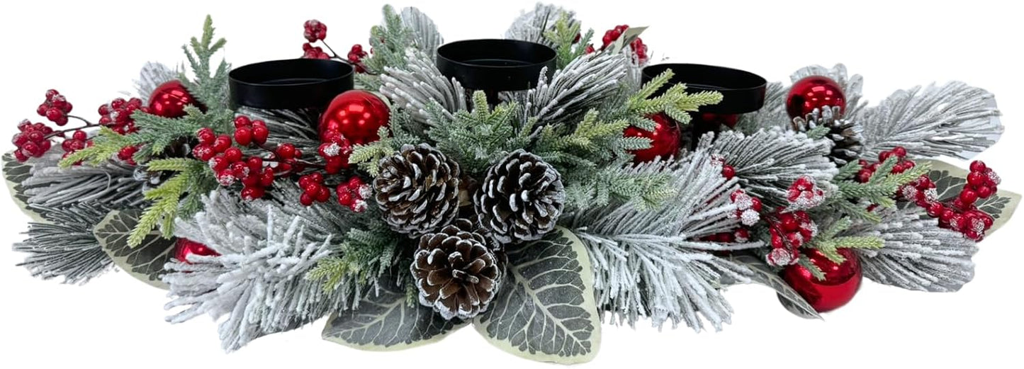 Svndlyn Christmas Candle Holder - 3 Candle Holders with Snow Flocked Pine Branches & Red Berries | Festive Table Centerpiece