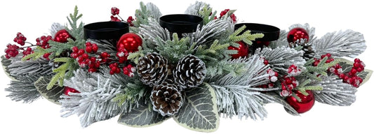 Svndlyn Christmas Candle Holder - 3 Candle Holders with Snow Flocked Pine Branches & Red Berries | Festive Table Centerpiece