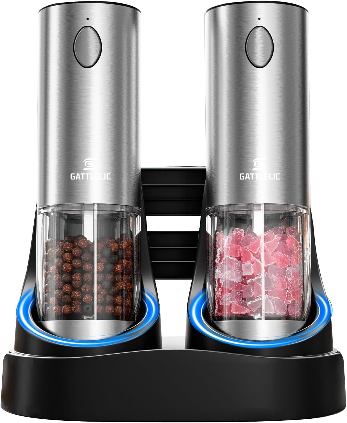 Skiennix Electric Salt and Pepper Grinder Set - Automatic Mill with LED Light & Adjustable Coarseness - Rechargeable Black & Sea Salt