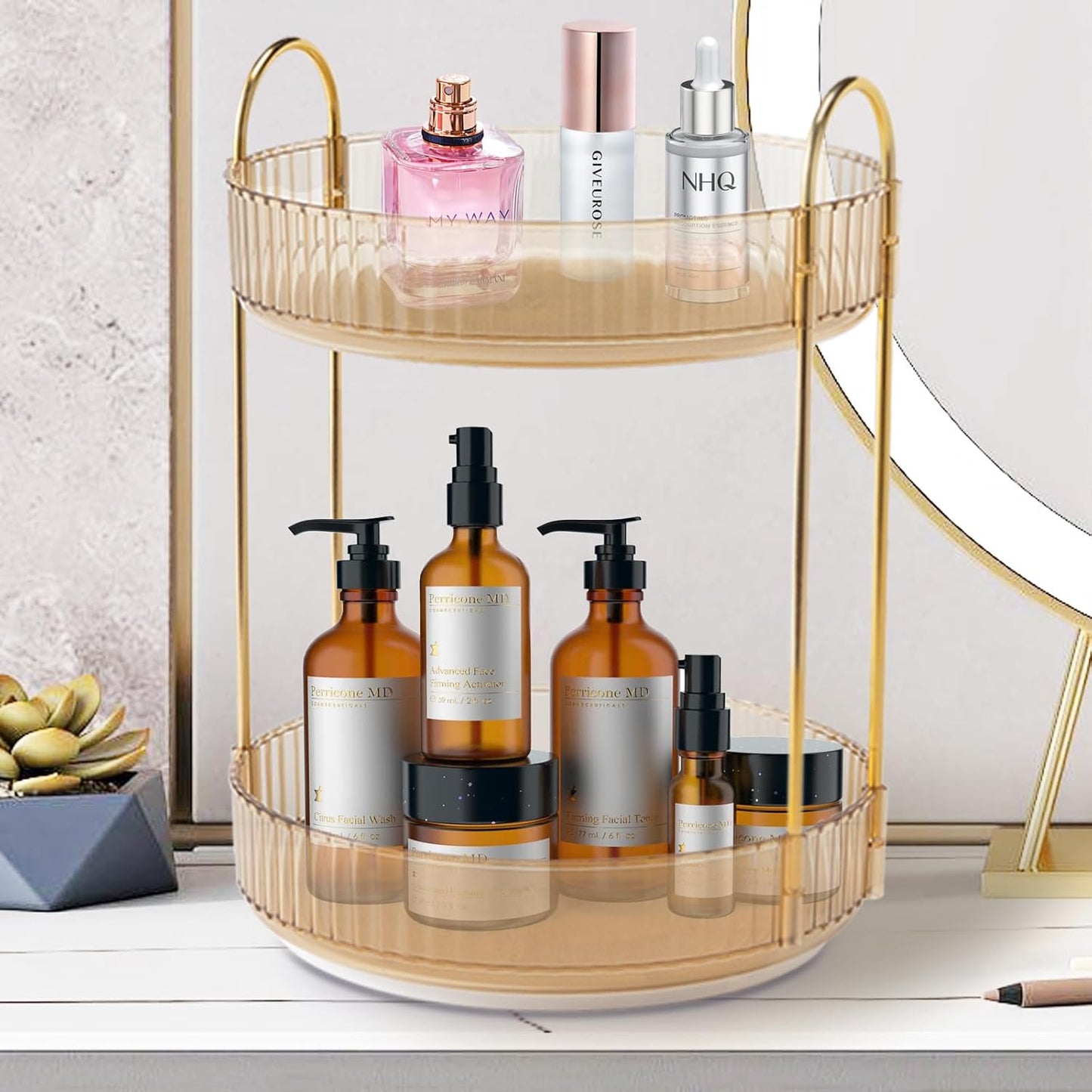 Skiennix Rotating Makeup Organizer - 2-Tier Clear Lazy Susan Trays for Bathroom & Vanity Storage