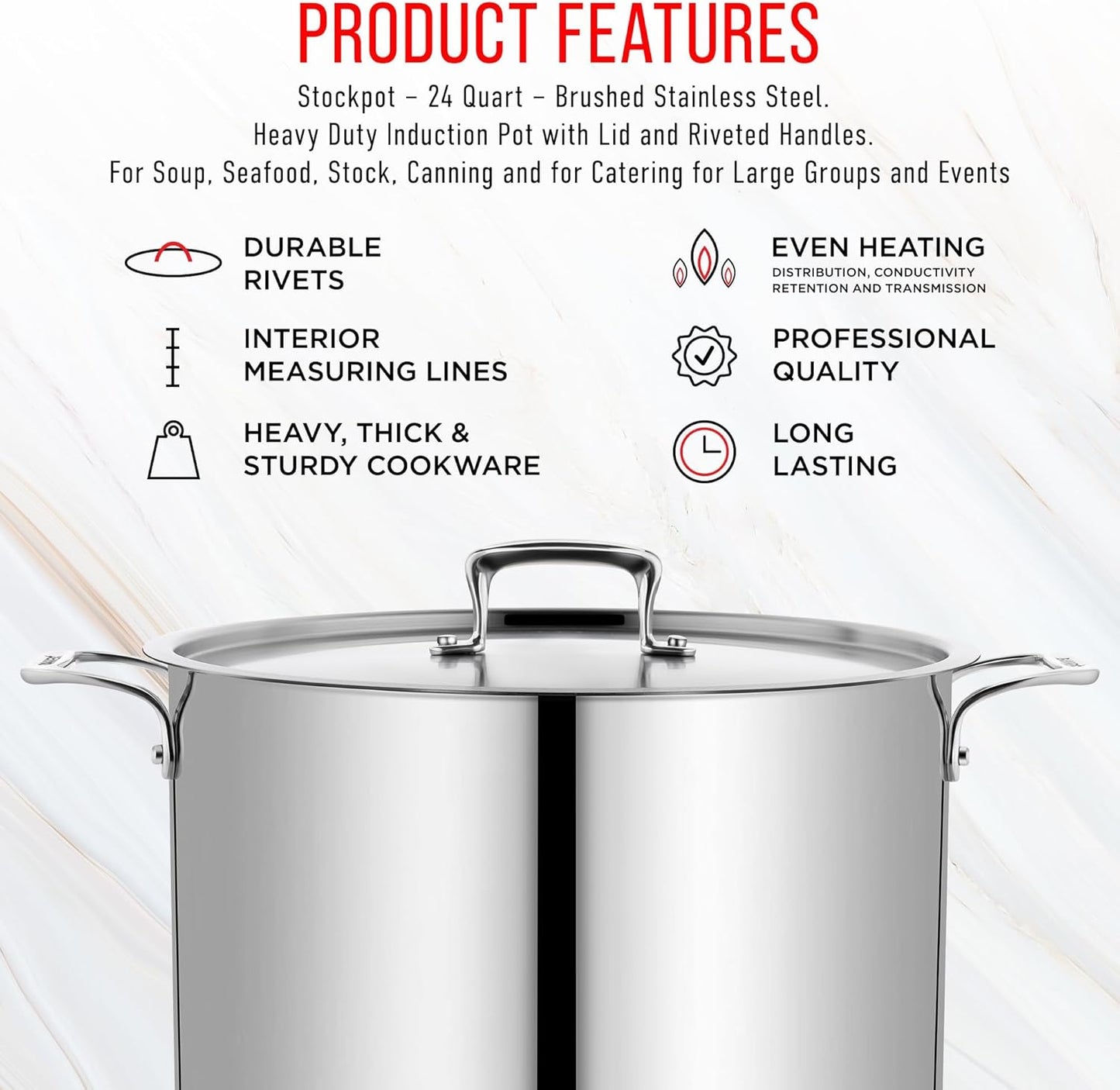 Stainless Steel Stockpot - 24 Quart Durable 18/8 Steel with Impact-Bonded Base & Riveted Handles