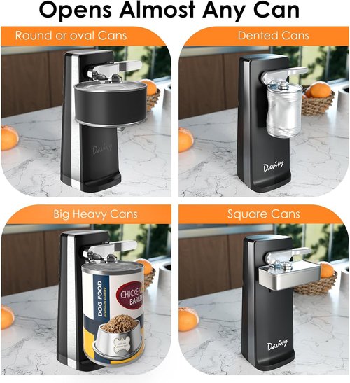 Davivy Electric Can Opener - One Touch Lid Opener with Removable Stainless Steel Cutter | 3-in-1 Design (Black)