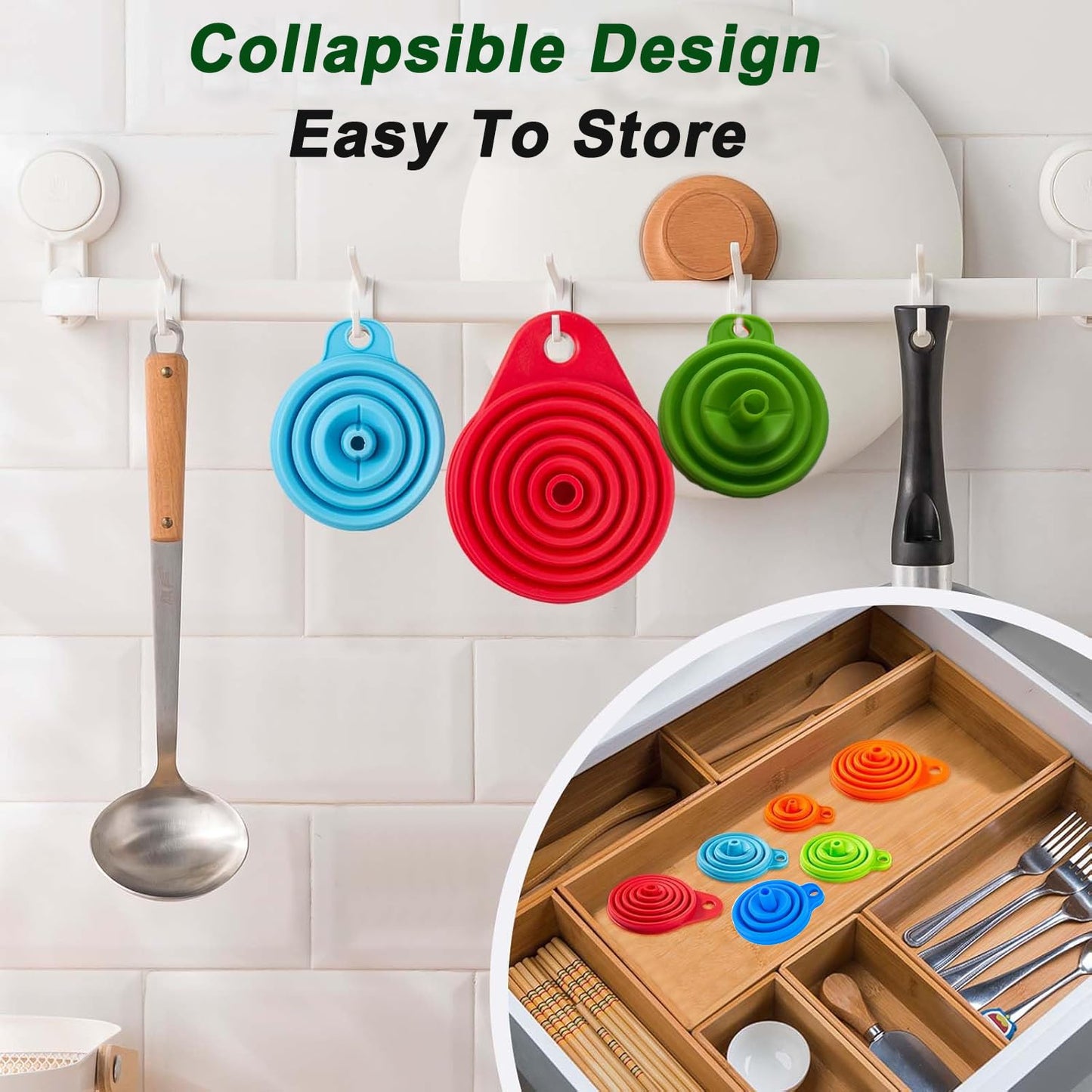 Skiennix Kitchen Funnel Set - 6-Piece Silicone Collapsible Funnels for Easy Liquid & Powder Transfer