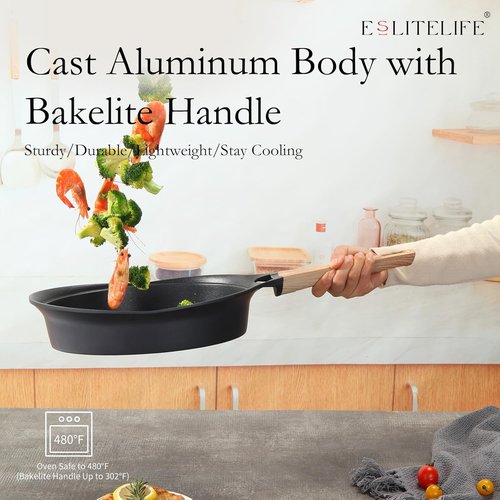 Eslite Life Nonstick Deep Frying Pan - Healthy Granite Coating, PFOA Free | 9.5 Inch Black Skillet