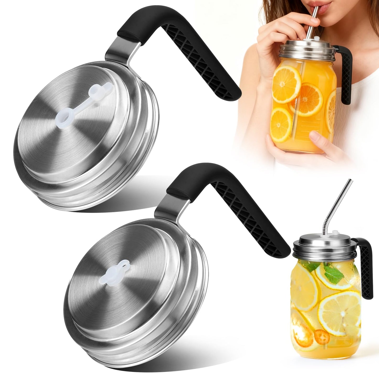 Palksky Mason Jar Lids with Straw Hole Wide Mouth, Stainless Steel Drinking Lid with Handle & Silicone Rings, Spill-Resistant Mason Jar Straw Lid for Iced Coffee, Juice, Lemonade (2 Packs)