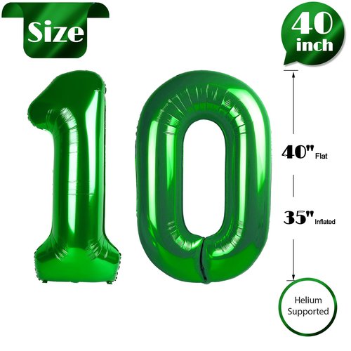 Green Number 10 Balloon 40 inch, 10 Number Balloons, 10th Green Birthday Decorations, 10 Year Old Girls Boys Party Supplies, St. Patrick's Day Games Theme Birthday Decorations