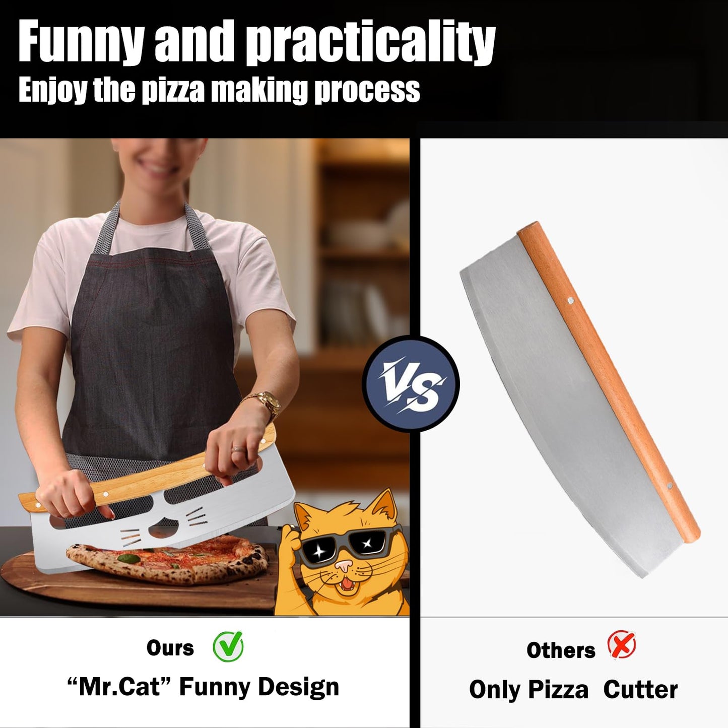 Pizza Cutter Rocker: 14-Inch,Funny Pizza Slicer Consists of Stainless Steel and Wooden Handle,Pizza Cutter with Protective Blade Guard - Pizza Oven Accessories Gifts for Men Dad.