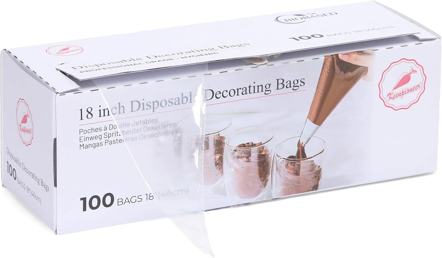 Keenpioneer 18-Inch Disposable Piping Bags - Large Capacity Biobased Cake Decorating Bags | Pack of 100