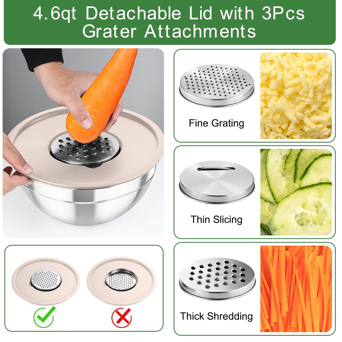 TeamFar Mixing Bowls with Airtight Lids, 5PCS Stainless Steel Metal Salad Bowl with 3 Grater Attachments, for Cooking, Prepping, Serving, Healthy & Easy Clean - 0.7/1/1.5/2.6/4.6QT, Khaki