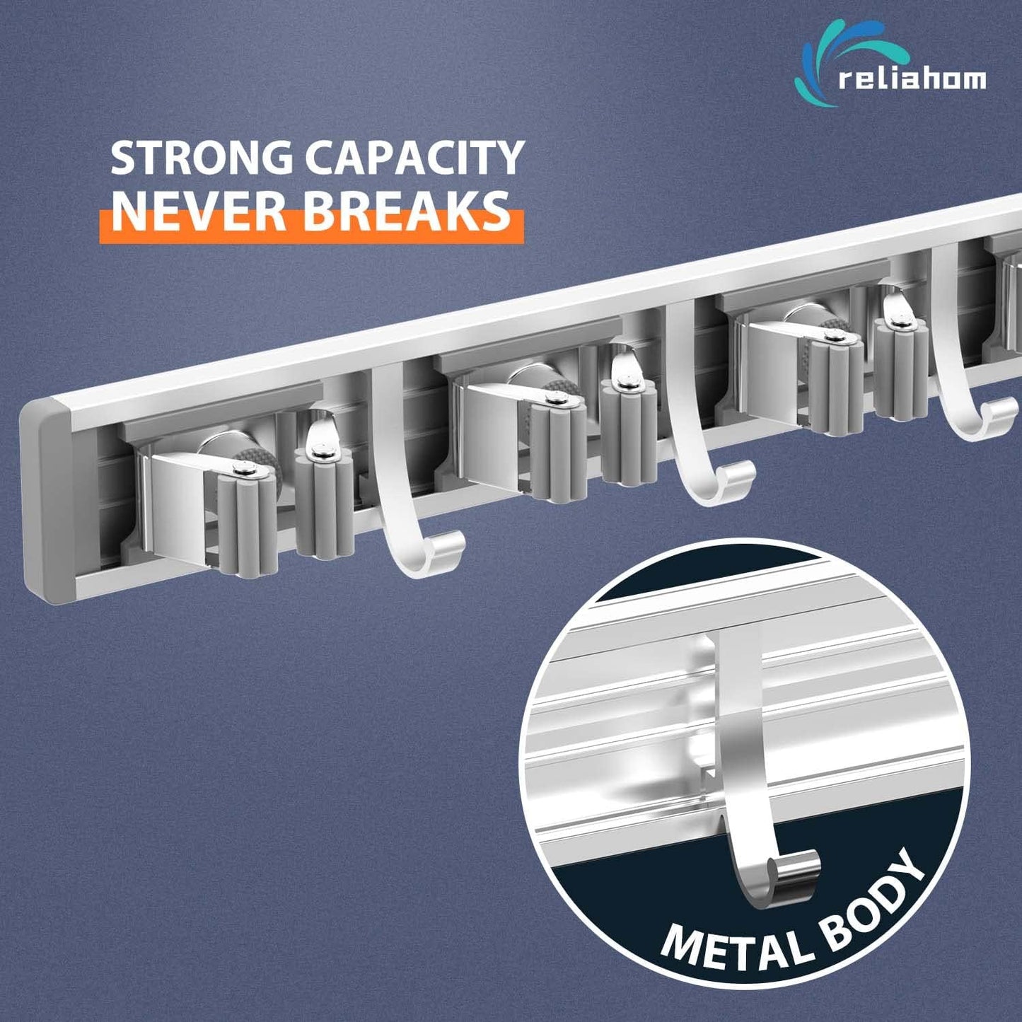 Reliahom Broom Holder Wall Mount - 2 Pack with 5 Racks & 4 Hooks for Garage, Kitchen, Garden, Laundry Room