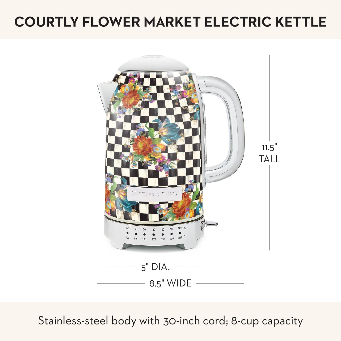 MACKENZIE-CHILDS Electric Kettle, Stainless-Steel Tea Kettle, Black-and-White Courtly Flower Market